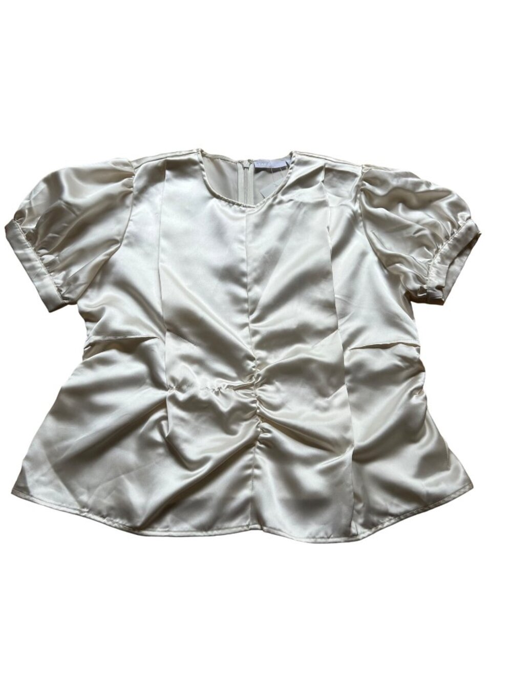 Asos Size 10 Ivory Satin Pleated Ruched Detail Short Puff Sleeve Blouse Top NWT